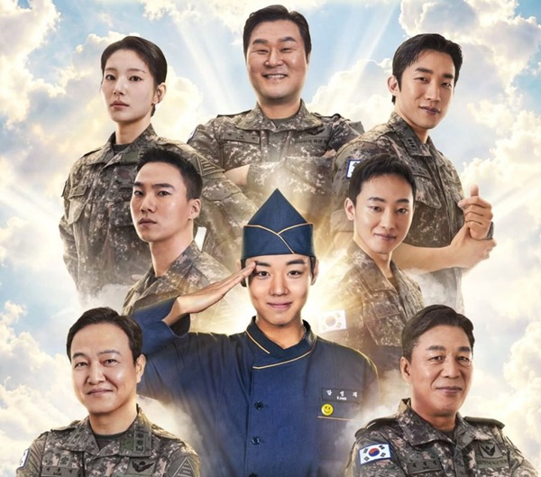 Main supporting military cast standing in the kitchen barracks in the tvN drama